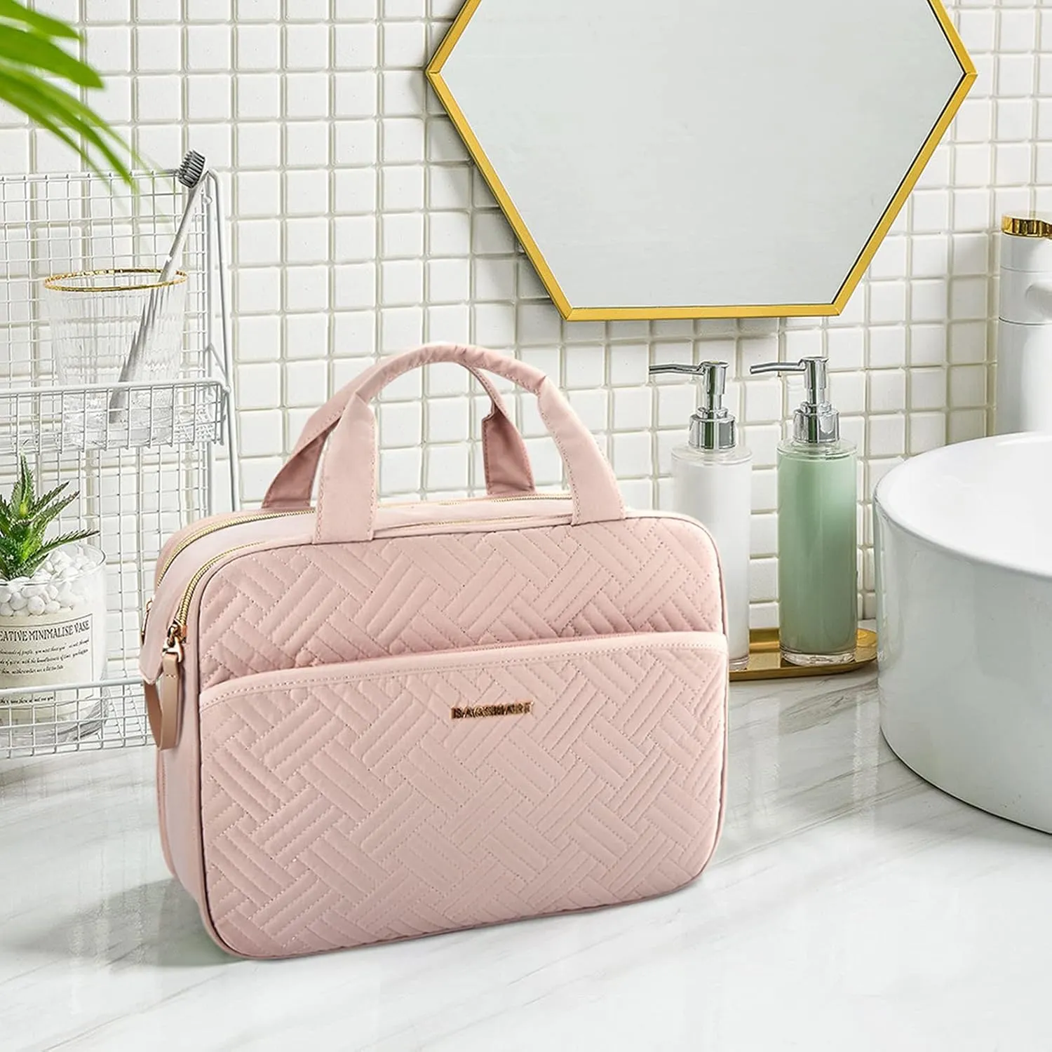 BAGSMART Toiletry Bag for Women, Large Toiletry Bag Water-resistant Makeup Cosmetic Organizer Bag Door Room Essentials for Accessories, Shampoo, Full Sized Container, Toiletries (Medium, Pink)