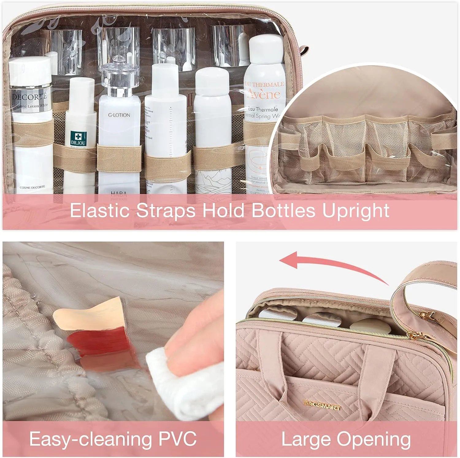 BAGSMART Toiletry Bag for Women, Large Toiletry Bag Water-resistant Makeup Cosmetic Organizer Bag Door Room Essentials for Accessories, Shampoo, Full Sized Container, Toiletries (Medium, Pink)