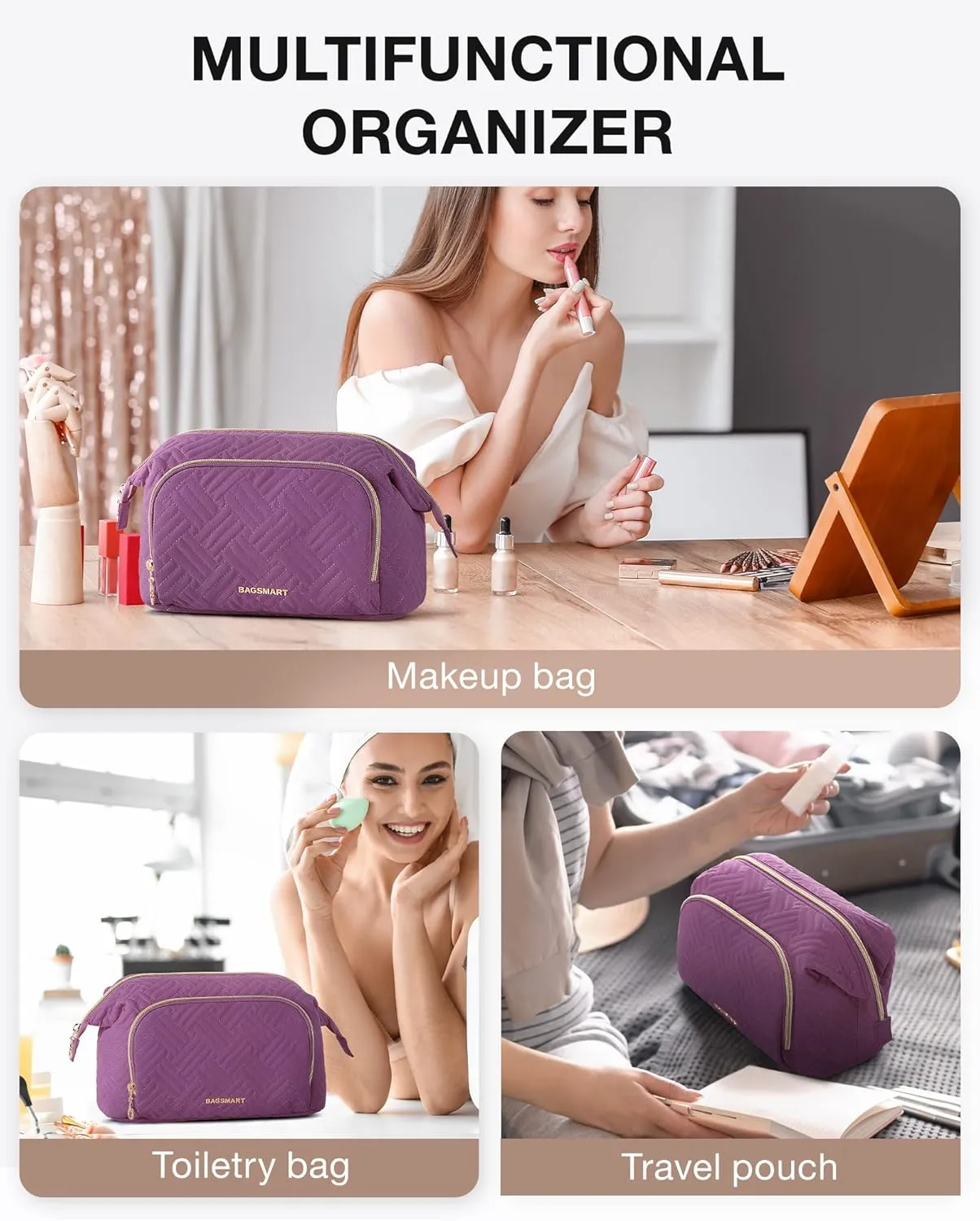 BAGSMART Travel Makeup Bag, Cosmetic Bag Make Up Organizer Case,Large Wide-open Pouch for Women Purse for Toiletries Accessories Brushes