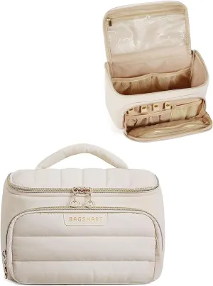 BAGSMART Travel Makeup Bag with Jewelry Organizer, Portable Make Up Bag, Puffy Wide-Opening Cosmetic Storage Pouch for Women’s Toiletries and Travel Essentials (Light Beige)