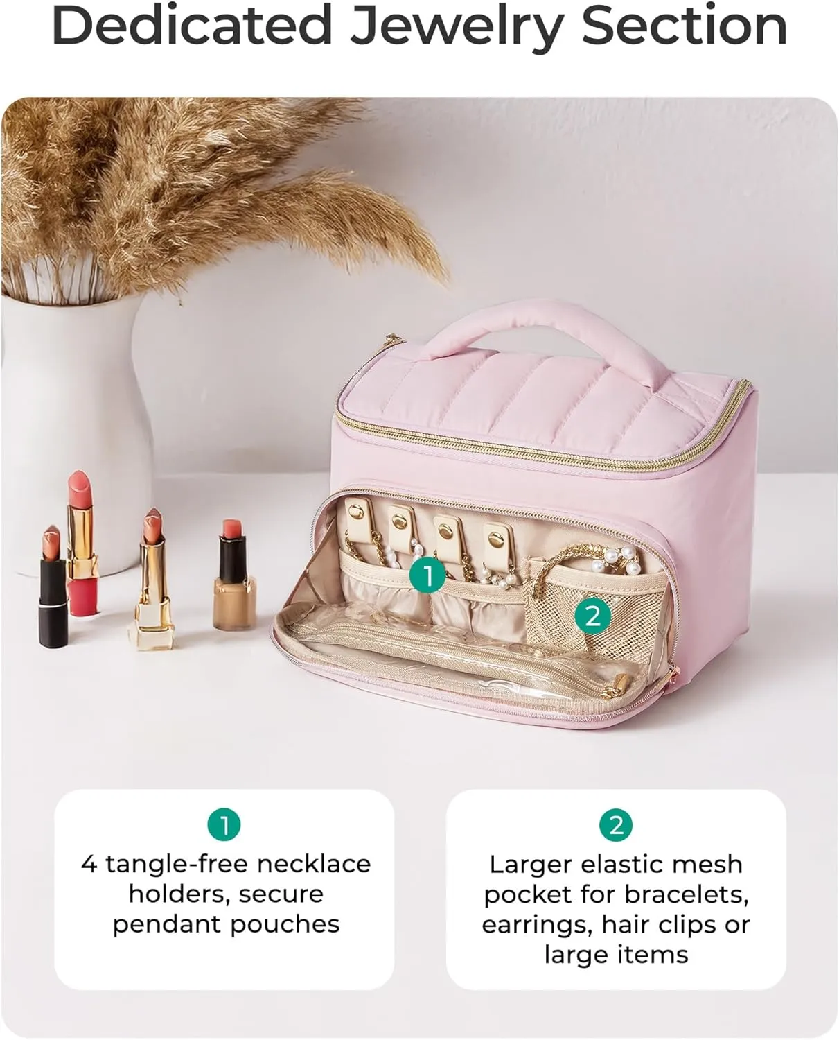 BAGSMART Travel Makeup Bag with Jewelry Organizer, Portable Make Up Bag, Puffy Wide-Opening Cosmetic Storage Pouch for Women’s Toiletries and Travel Essentials (Light Beige)