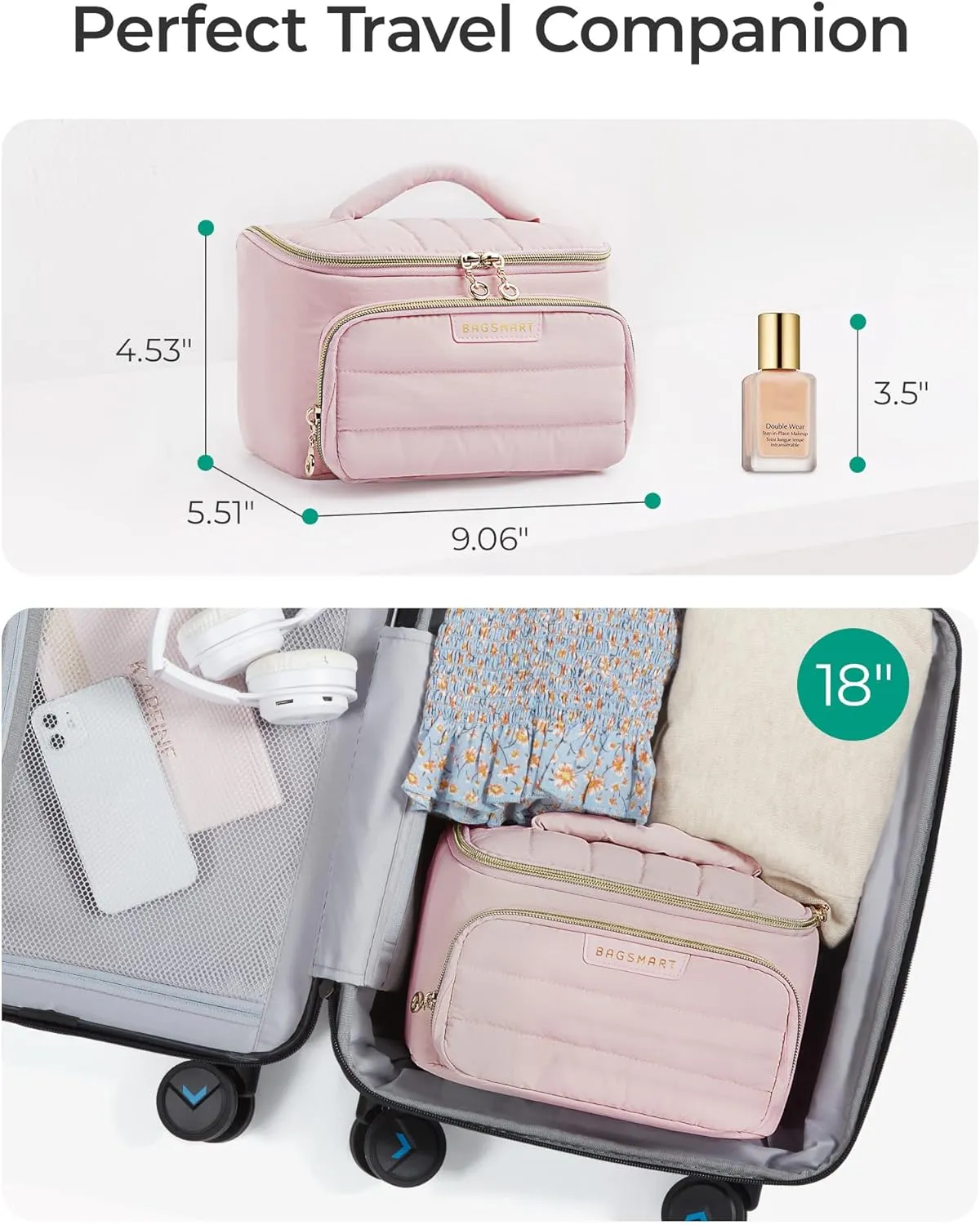 BAGSMART Travel Makeup Bag with Jewelry Organizer, Portable Make Up Bag, Puffy Wide-Opening Cosmetic Storage Pouch for Women’s Toiletries and Travel Essentials (Light Beige)