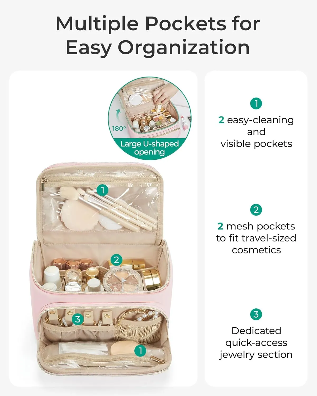 BAGSMART Travel Makeup Bag with Jewelry Organizer, Portable Make Up Bag, Puffy Wide-Opening Cosmetic Storage Pouch for Women’s Toiletries and Travel Essentials (Light Beige)