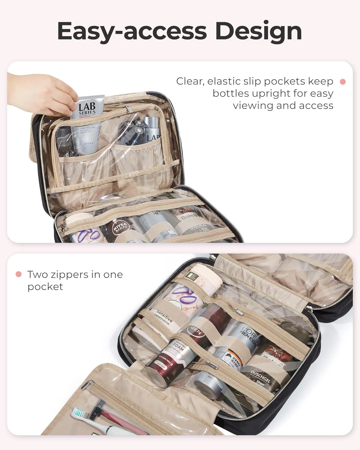 BAGSMART Travel Toiletry Bag with Jewelry Organizer, Hanging Travel Bag for Toiletries, Makeup Cosmetic Bag Organizer, Carry-on Travel Accessories Essentials, Pink-M