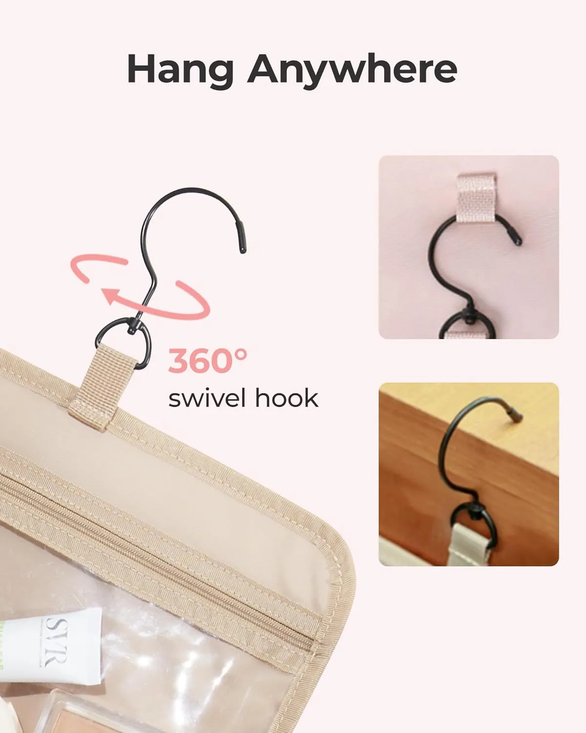 BAGSMART Travel Toiletry Bag with Jewelry Organizer, Hanging Travel Bag for Toiletries, Makeup Cosmetic Bag Organizer, Carry-on Travel Accessories Essentials, Pink-M