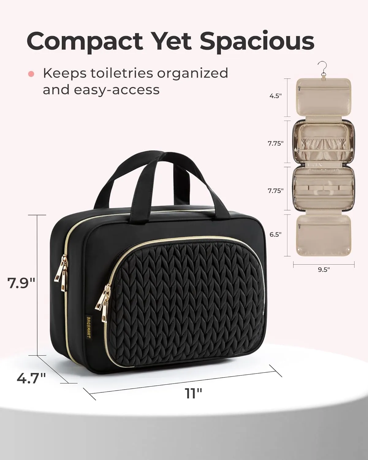 BAGSMART Travel Toiletry Bag with Jewelry Organizer, Hanging Travel Bag for Toiletries, Makeup Cosmetic Bag Organizer, Carry-on Travel Accessories Essentials, Pink-M