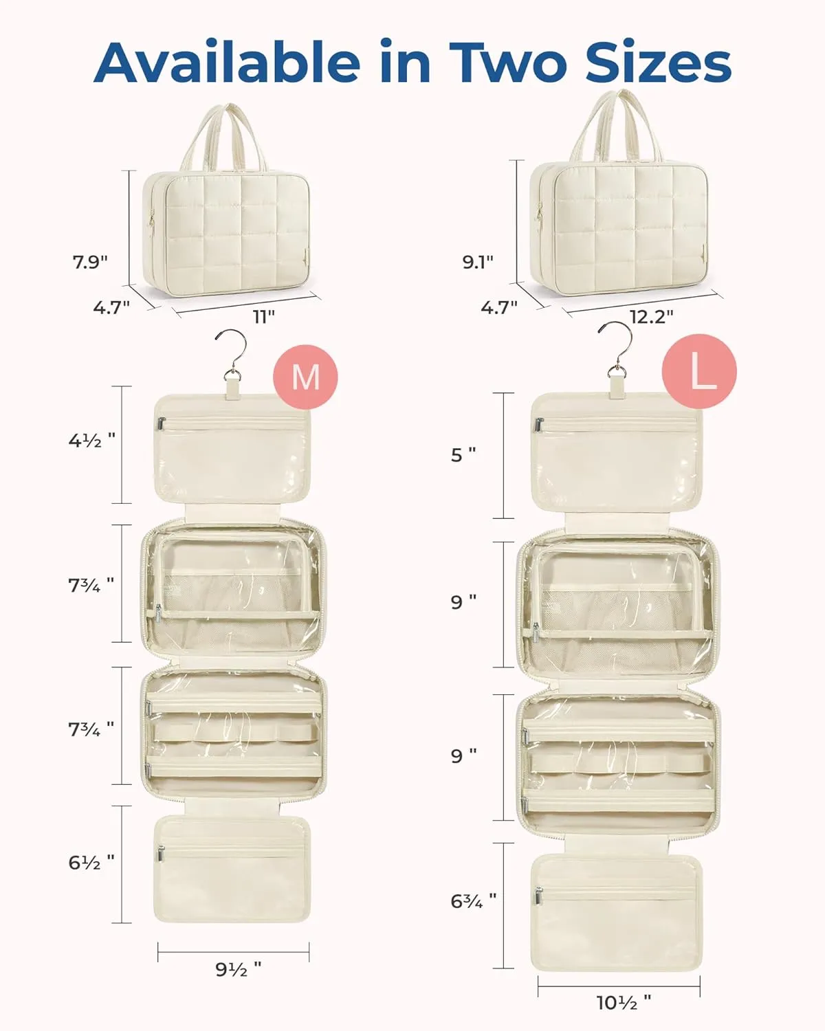 BAGSMART Travel Toiletry Bag with Jewelry Organizer, Hanging Travel Bag for Toiletries, Puffy Makeup Cosmetic Bag Organizer, Carry-on Travel Accessories Essentials, Beige-L