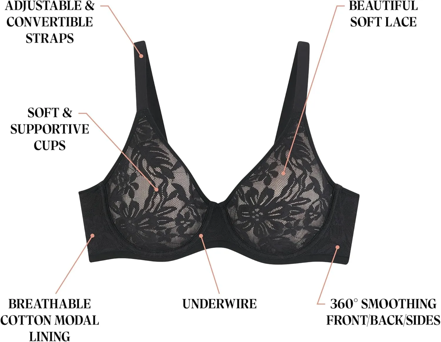 Bali Women's Breathe Lace Underwire Bra, Breathable 2-Ply Modal Bra, Convertible Straps