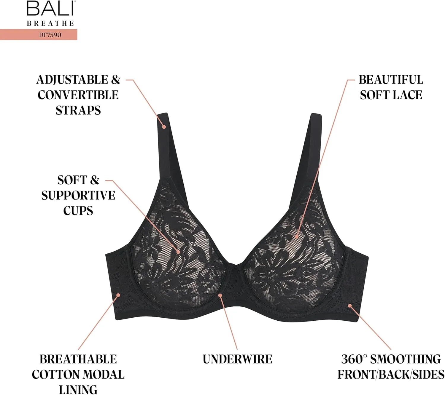 Bali Women's Breathe Lace Underwire Bra, Breathable 2-Ply Modal Bra, Convertible Straps