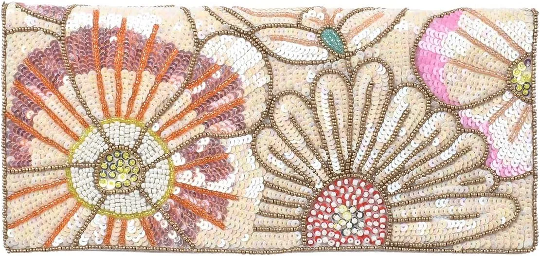 Bamboo Trading Co Floral Beaded Foldover Convertible Clutch Crossbody, Cream Multi