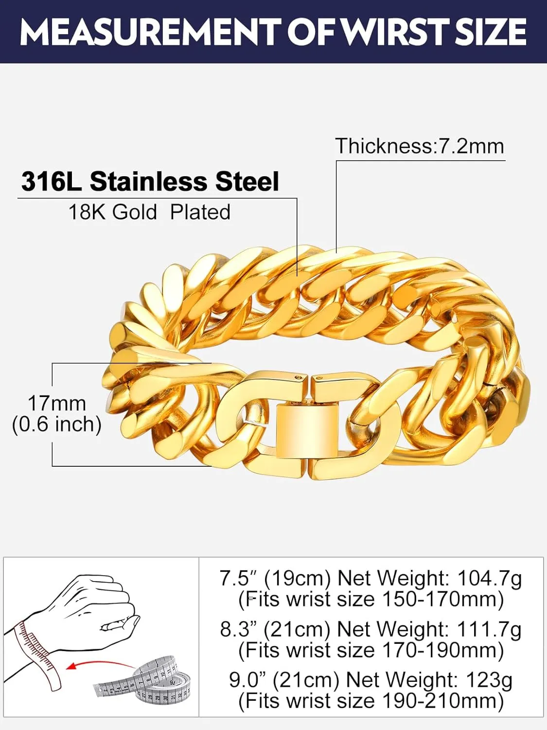 Bandmax Cuban Link Chain Bracelet for Men Women, Silver/Gold/Black Hip Hop Punk Biker Hand Chain Bracelets 7"-9" Mens Chunky Chain Jewelry