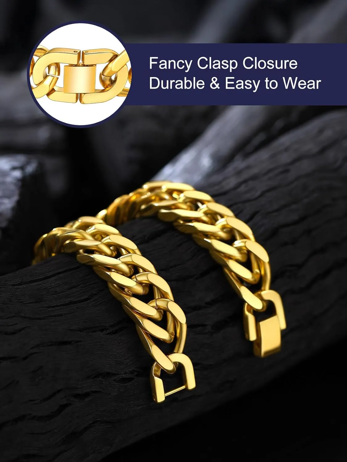 Bandmax Cuban Link Chain Bracelet for Men Women, Silver/Gold/Black Hip Hop Punk Biker Hand Chain Bracelets 7"-9" Mens Chunky Chain Jewelry