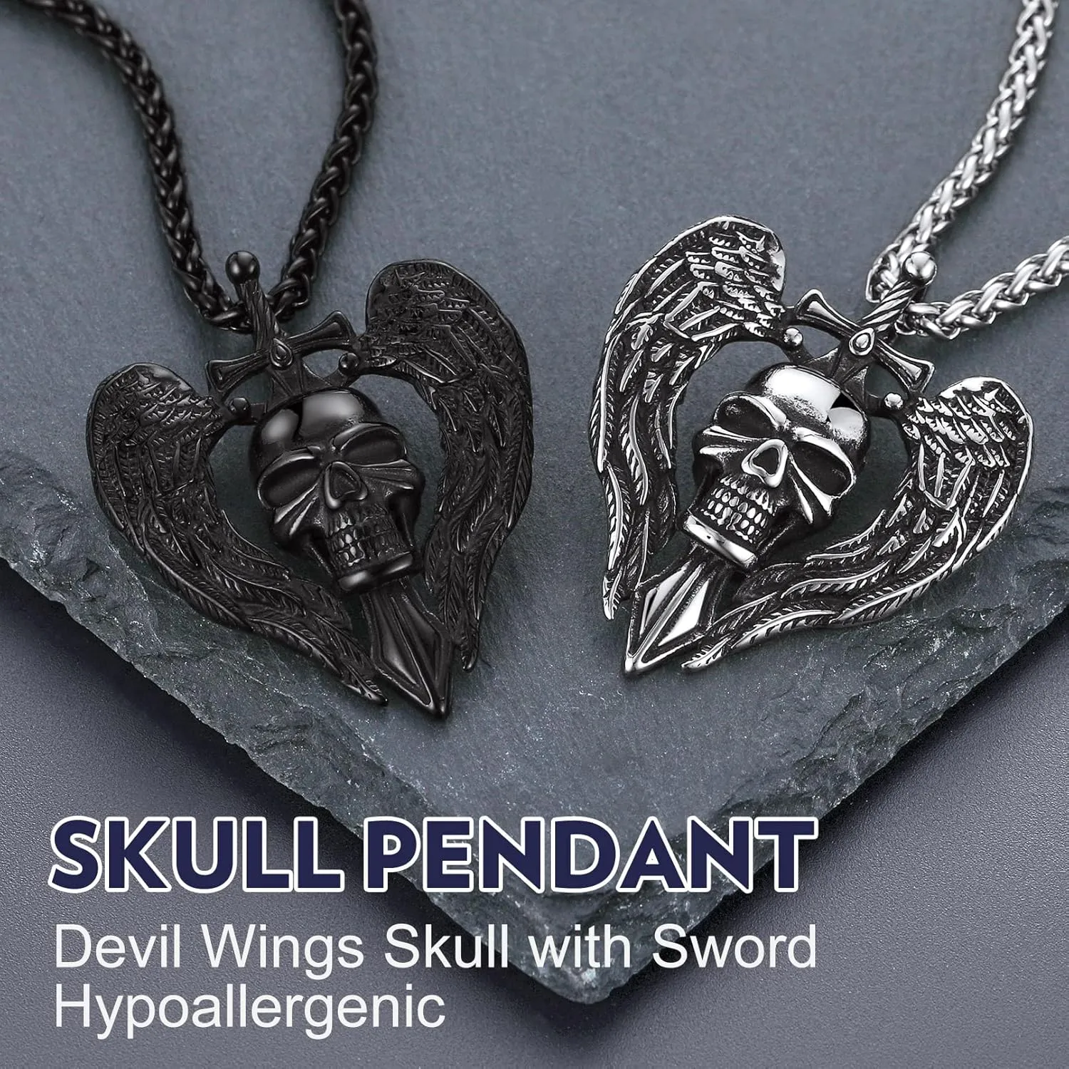 Bandmax Skull Pendant Necklace for Men Women Stainless Steel/Black Gothic Skeleton Charm with 22" Spiga Chain Rapper Biker Necklace Jewelry