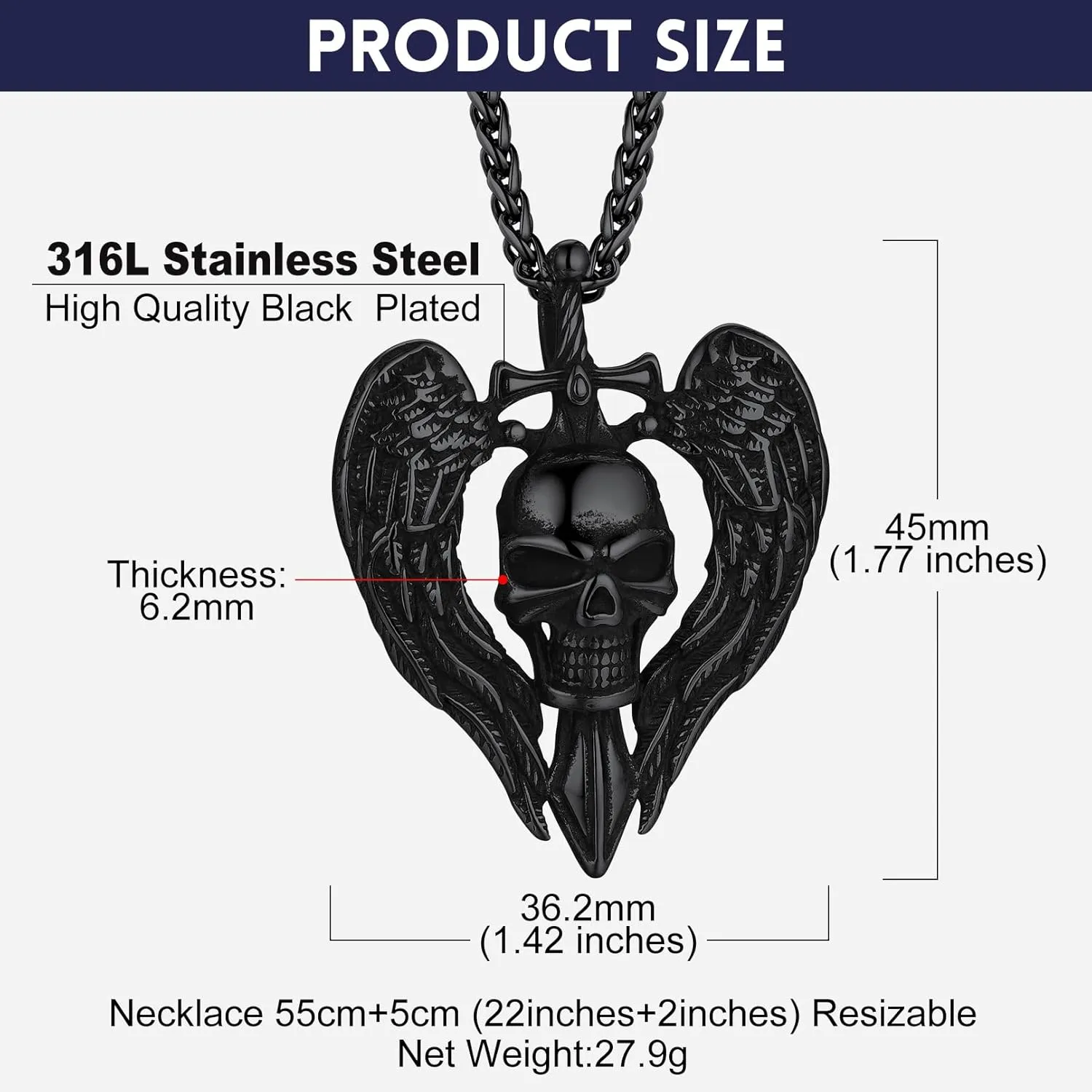 Bandmax Skull Pendant Necklace for Men Women Stainless Steel/Black Gothic Skeleton Charm with 22" Spiga Chain Rapper Biker Necklace Jewelry