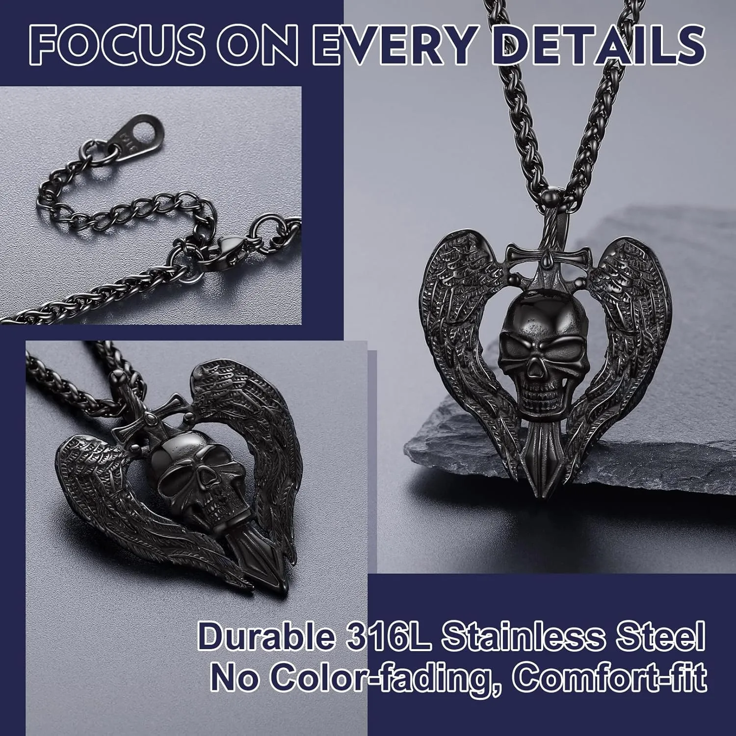 Bandmax Skull Pendant Necklace for Men Women Stainless Steel/Black Gothic Skeleton Charm with 22" Spiga Chain Rapper Biker Necklace Jewelry