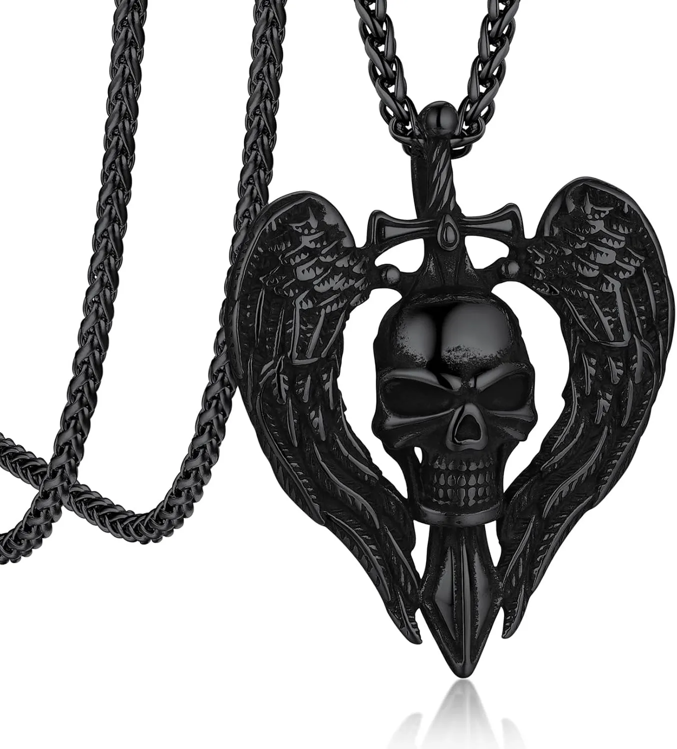 Bandmax Skull Pendant Necklace for Men Women Stainless Steel/Black Gothic Skeleton Charm with 22" Spiga Chain Rapper Biker Necklace Jewelry