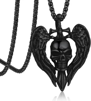 Bandmax Skull Pendant Necklace for Men Women Stainless Steel/Black Gothic Skeleton Charm with 22" Spiga Chain Rapper Biker Necklace Jewelry
