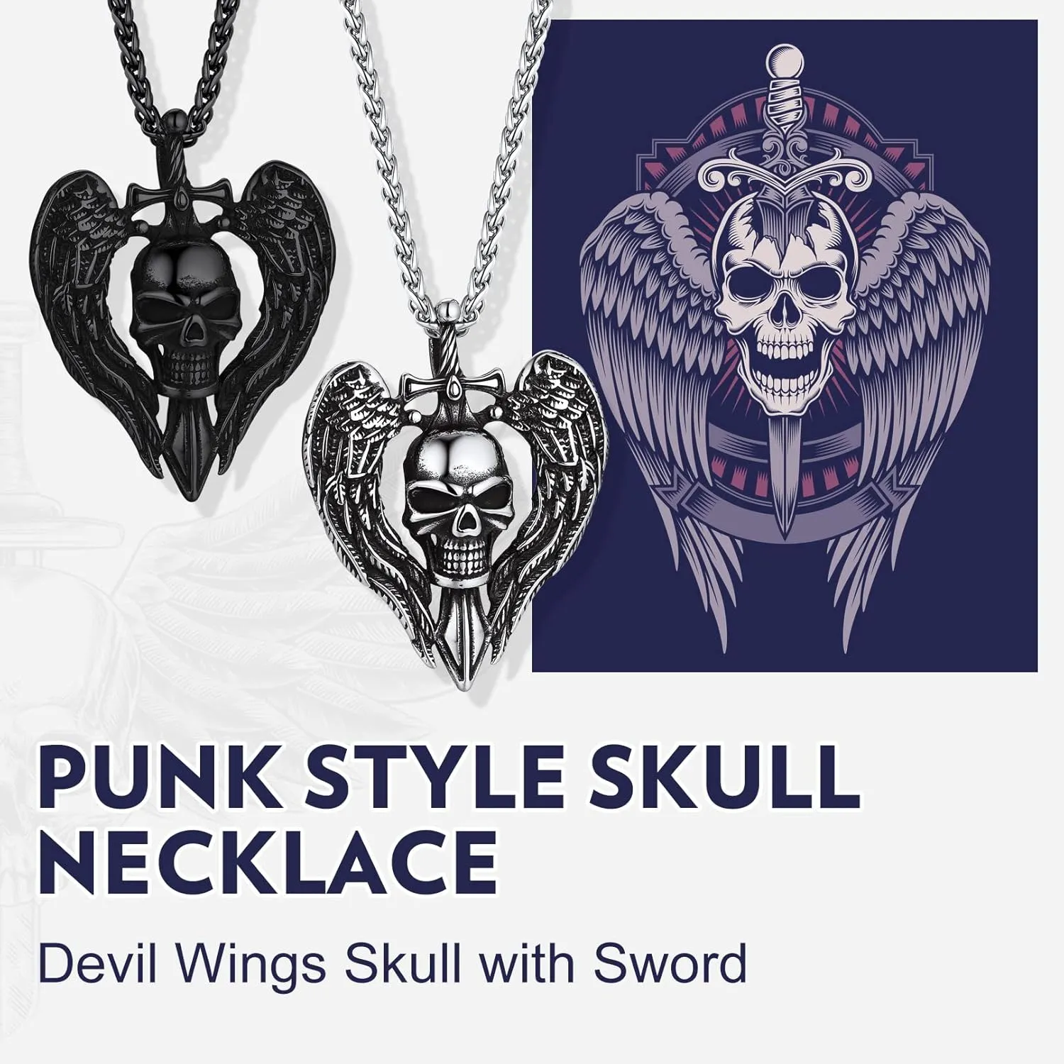 Bandmax Skull Pendant Necklace for Men Women Stainless Steel/Black Gothic Skeleton Charm with 22" Spiga Chain Rapper Biker Necklace Jewelry