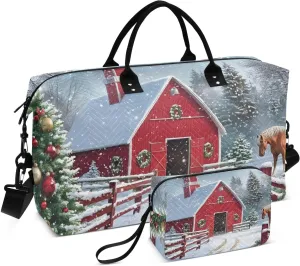 Barn Christmas Horse Duffel Bag for Traveling, Travel Bag Gym Bag, with Multiple Interior Pockets Shoulder Weekender Bag for Women Men with Toiletry Bag 20.5L x 1.9W x 13.8H