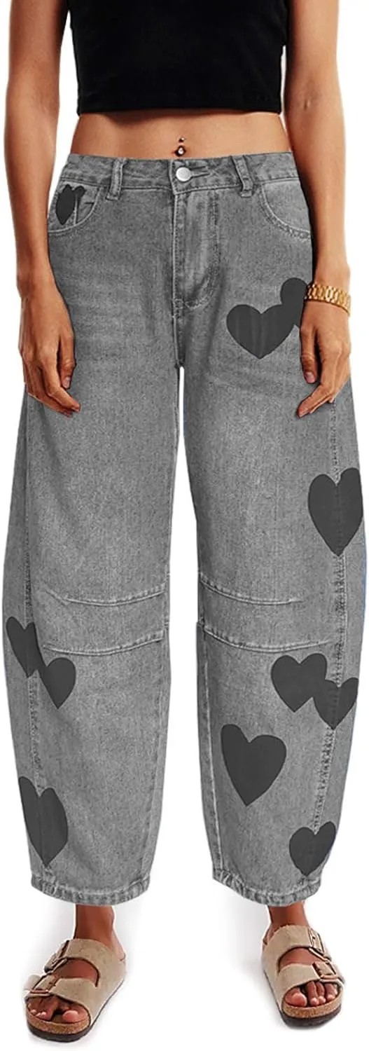 Barrel Jeans for Women Mid Rise Heart Printed Denim Ankle Pants Vintage Baggy Boyfriend Jeans