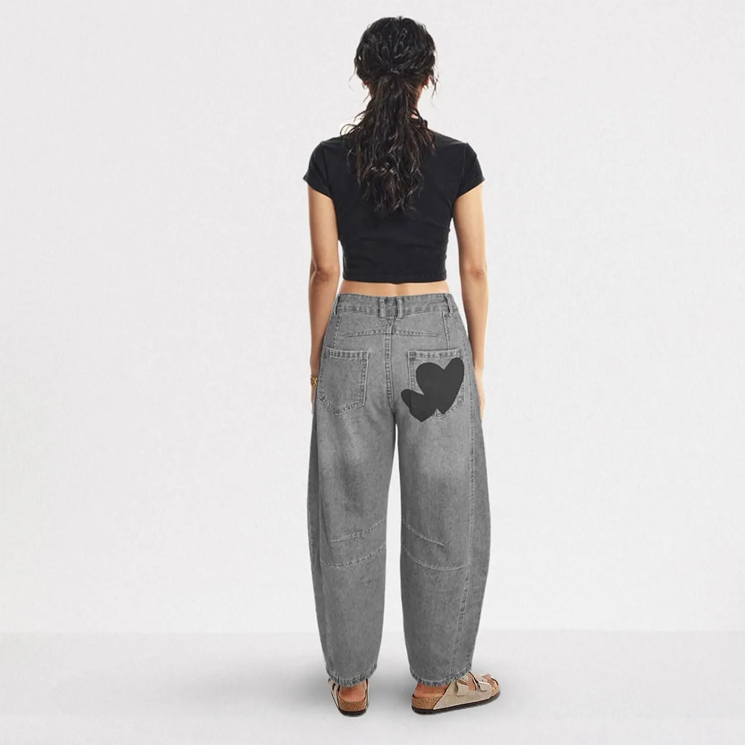 Barrel Jeans for Women Mid Rise Heart Printed Denim Ankle Pants Vintage Baggy Boyfriend Jeans