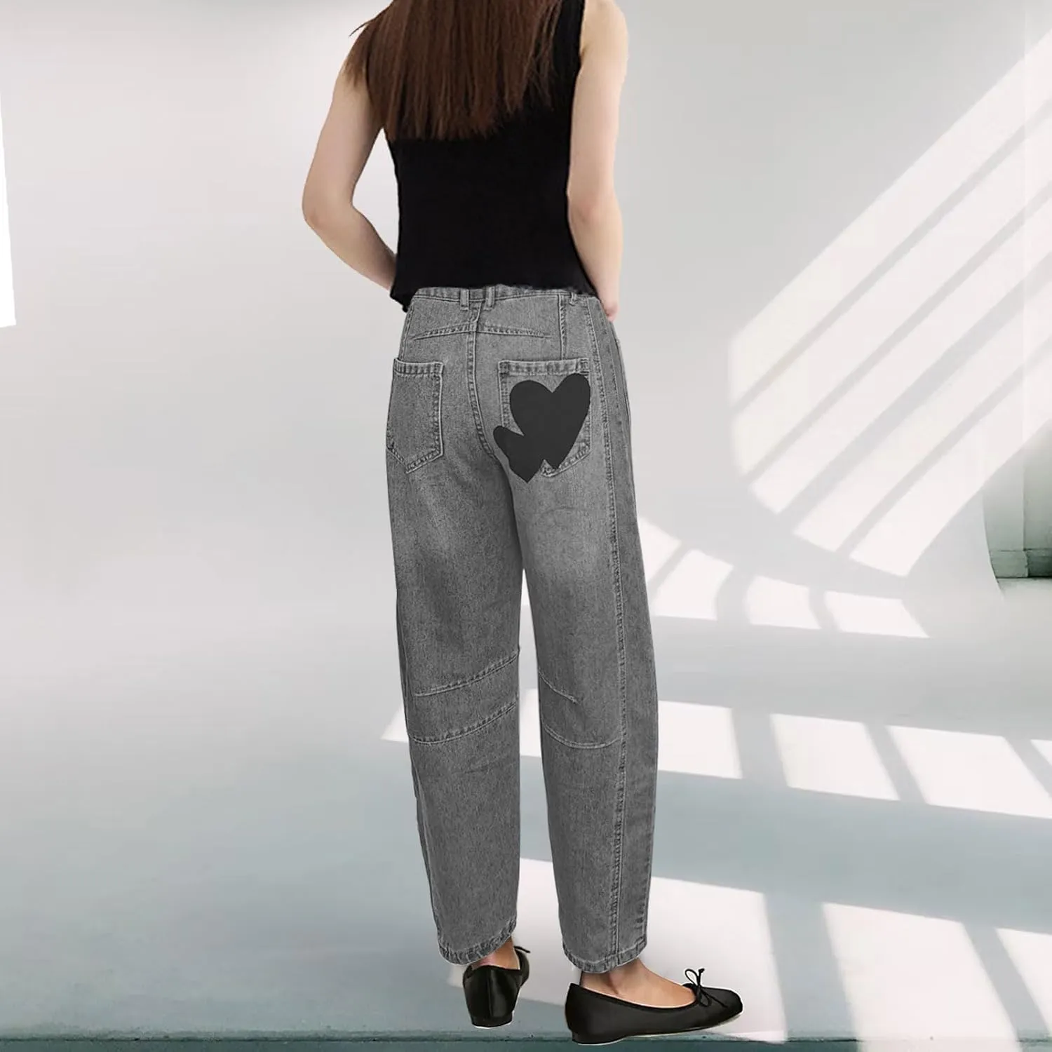 Barrel Jeans for Women Mid Rise Heart Printed Denim Ankle Pants Vintage Baggy Boyfriend Jeans