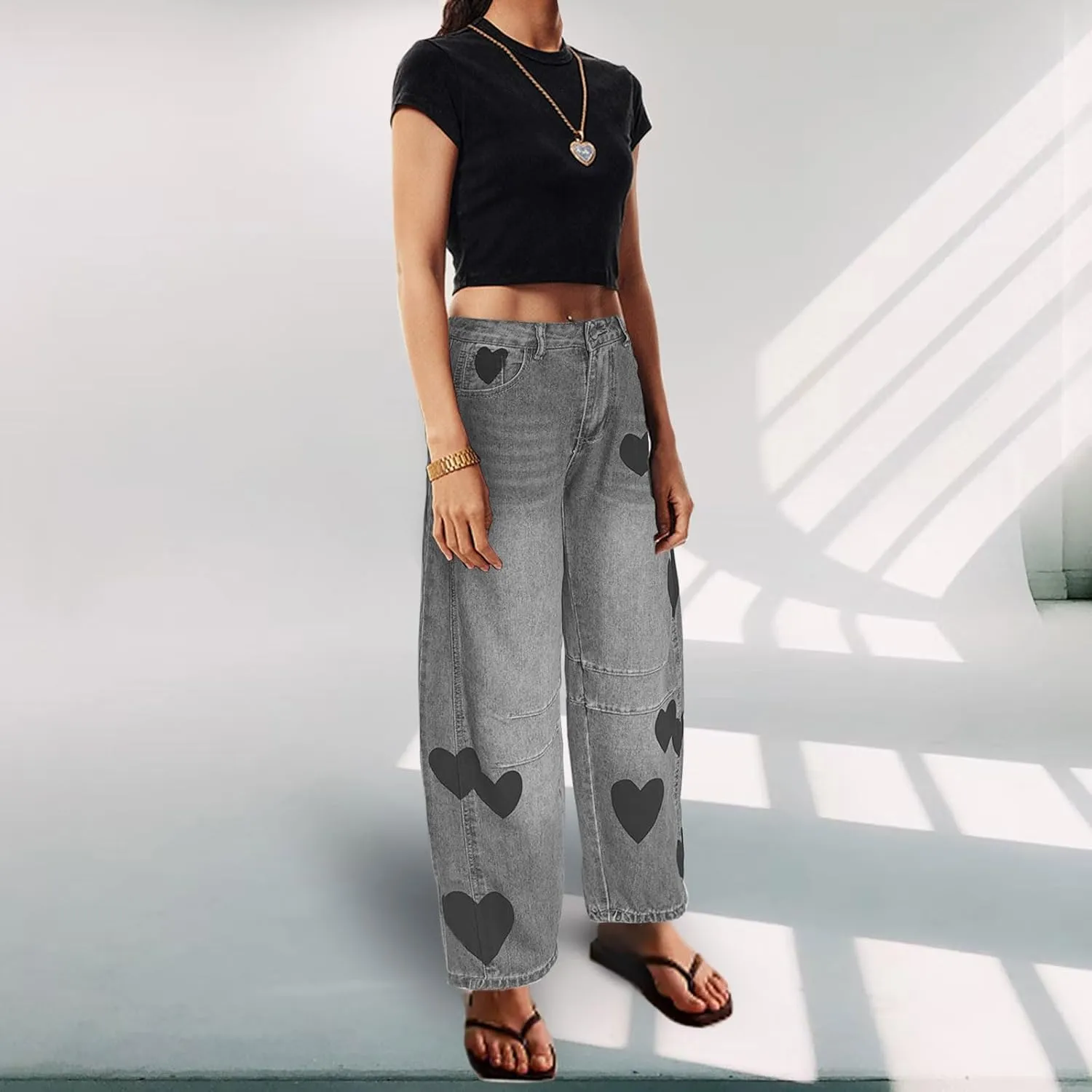 Barrel Jeans for Women Mid Rise Heart Printed Denim Ankle Pants Vintage Baggy Boyfriend Jeans