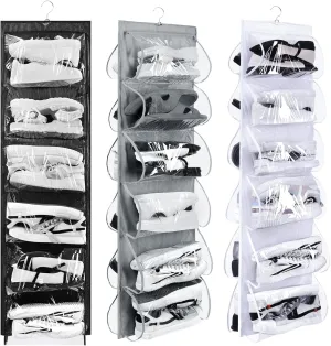 Barydat 3 Pcs Dual Sided Hanging Shoe Organizer 12 Clear Pockets Mesh Hanging Shoe Rack Holder with Rotating Hanger for Closet Storage Men Women Handbags Kids Clothing, Grey, White and Black