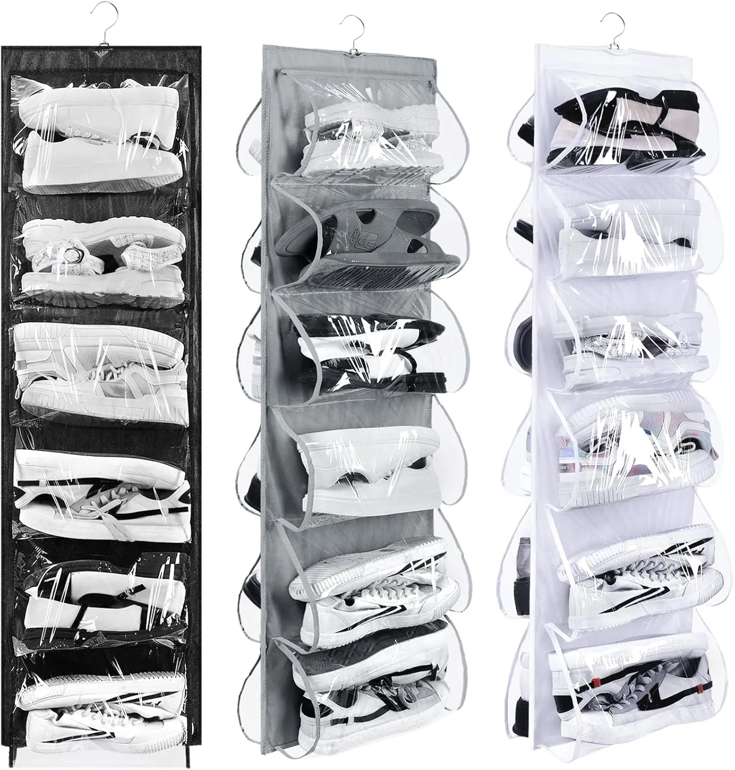 Barydat 3 Pcs Dual Sided Hanging Shoe Organizer 12 Clear Pockets Mesh Hanging Shoe Rack Holder with Rotating Hanger for Closet Storage Men Women Handbags Kids Clothing, Grey, White and Black