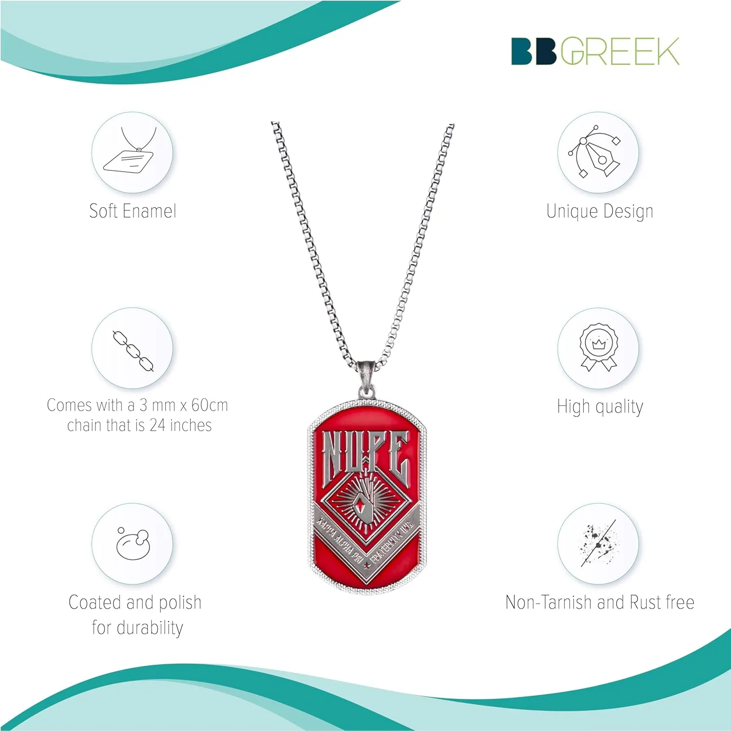 BBGreek Kappa Alpha Psi Fraternity Paraphernalia - Dog Tag Pendant Necklace with 24 Inch Rope Chain - Official Vendor