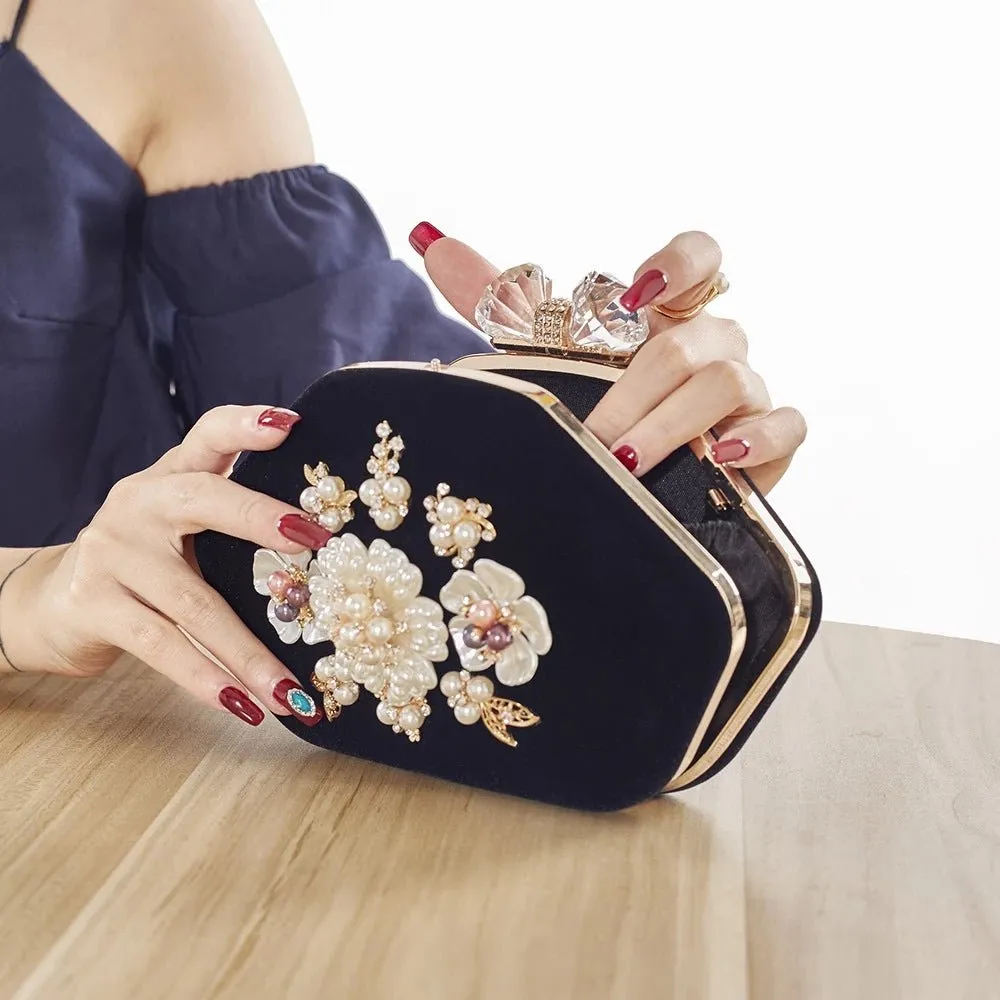 Beaded Flower Velvet Evening Bag