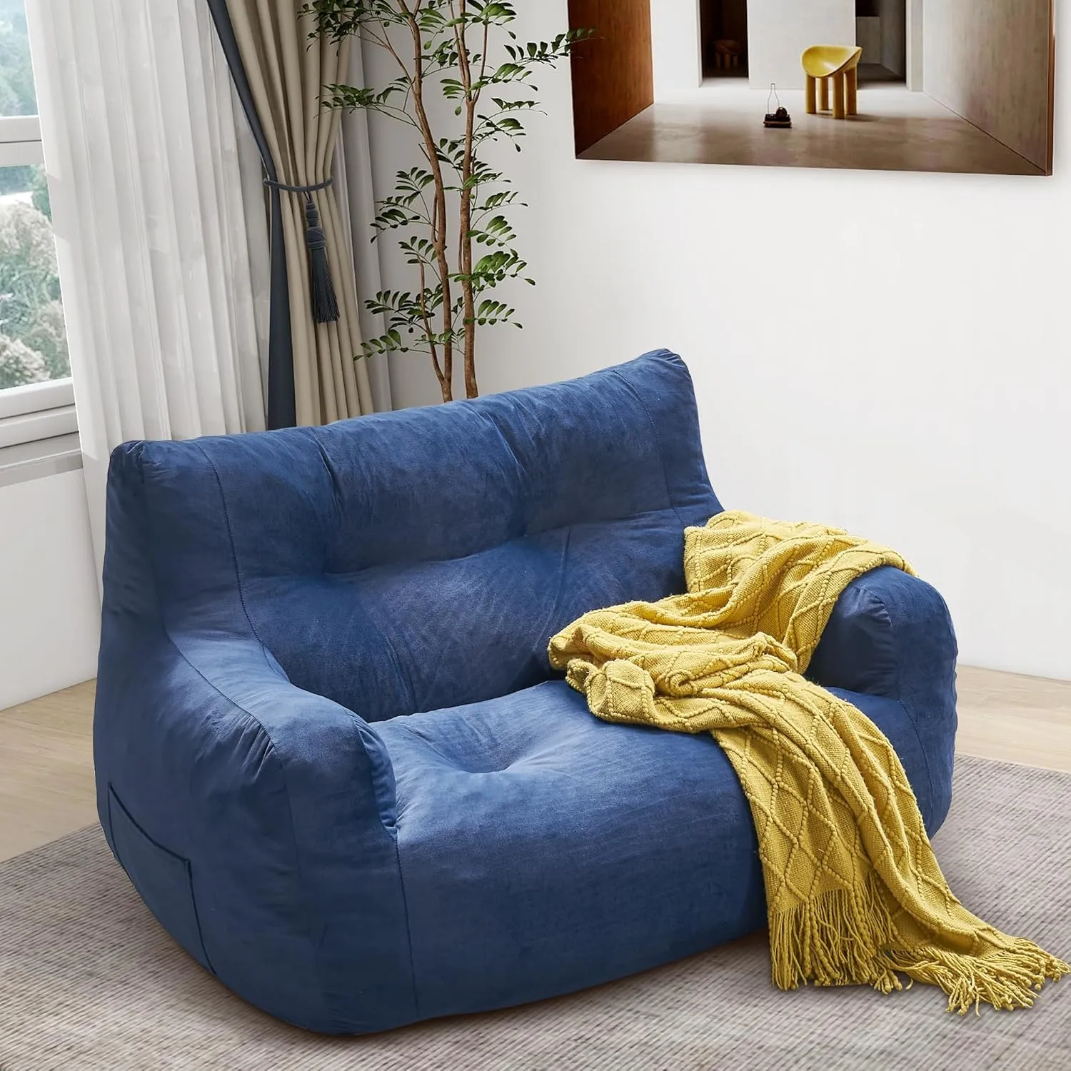 Bean Bag Chair, 2-Seater Bean Bag Couch for Adults, Big Accent Sofa Chair with Pocket & Wide Armrests, Floor Sofa for Living Room, Bedroom, Apartment, Dorms, Velvet Fabric, Blue