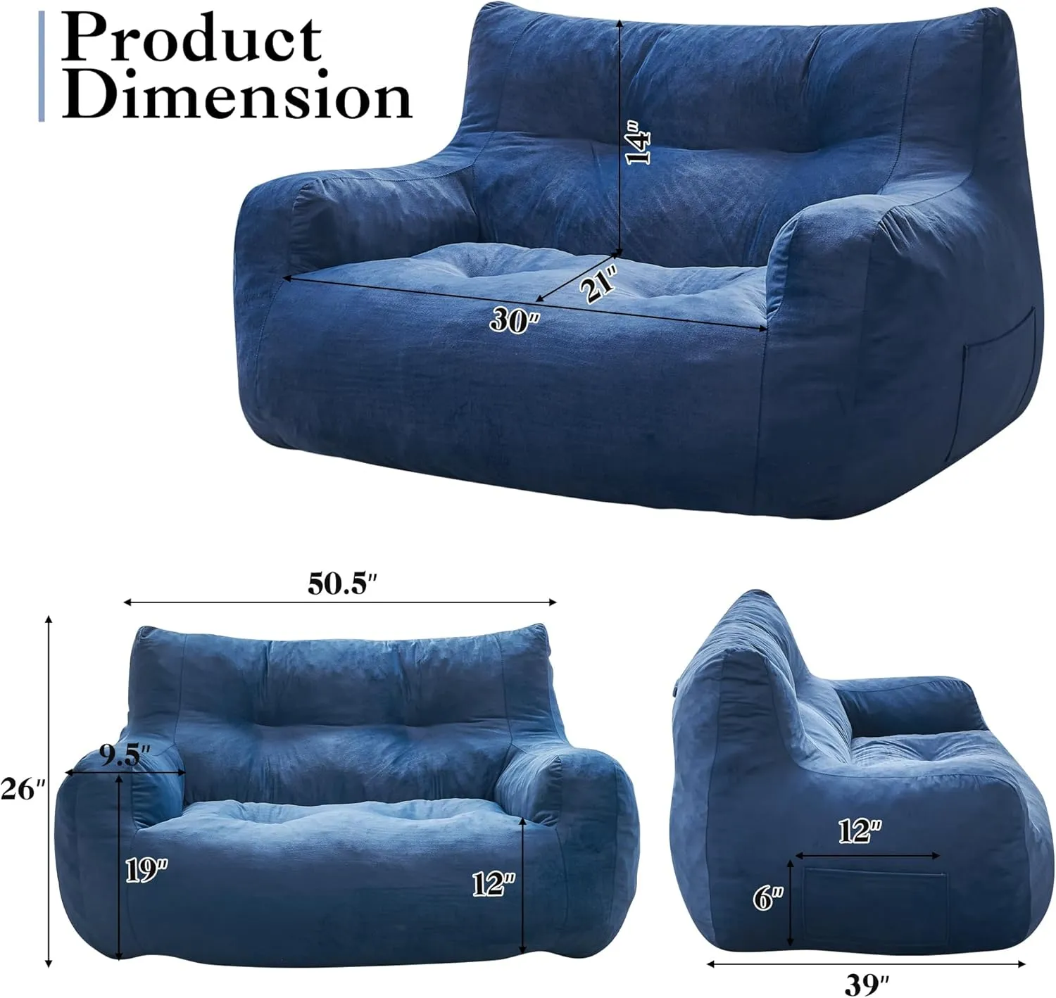 Bean Bag Chair, 2-Seater Bean Bag Couch for Adults, Big Accent Sofa Chair with Pocket & Wide Armrests, Floor Sofa for Living Room, Bedroom, Apartment, Dorms, Velvet Fabric, Blue