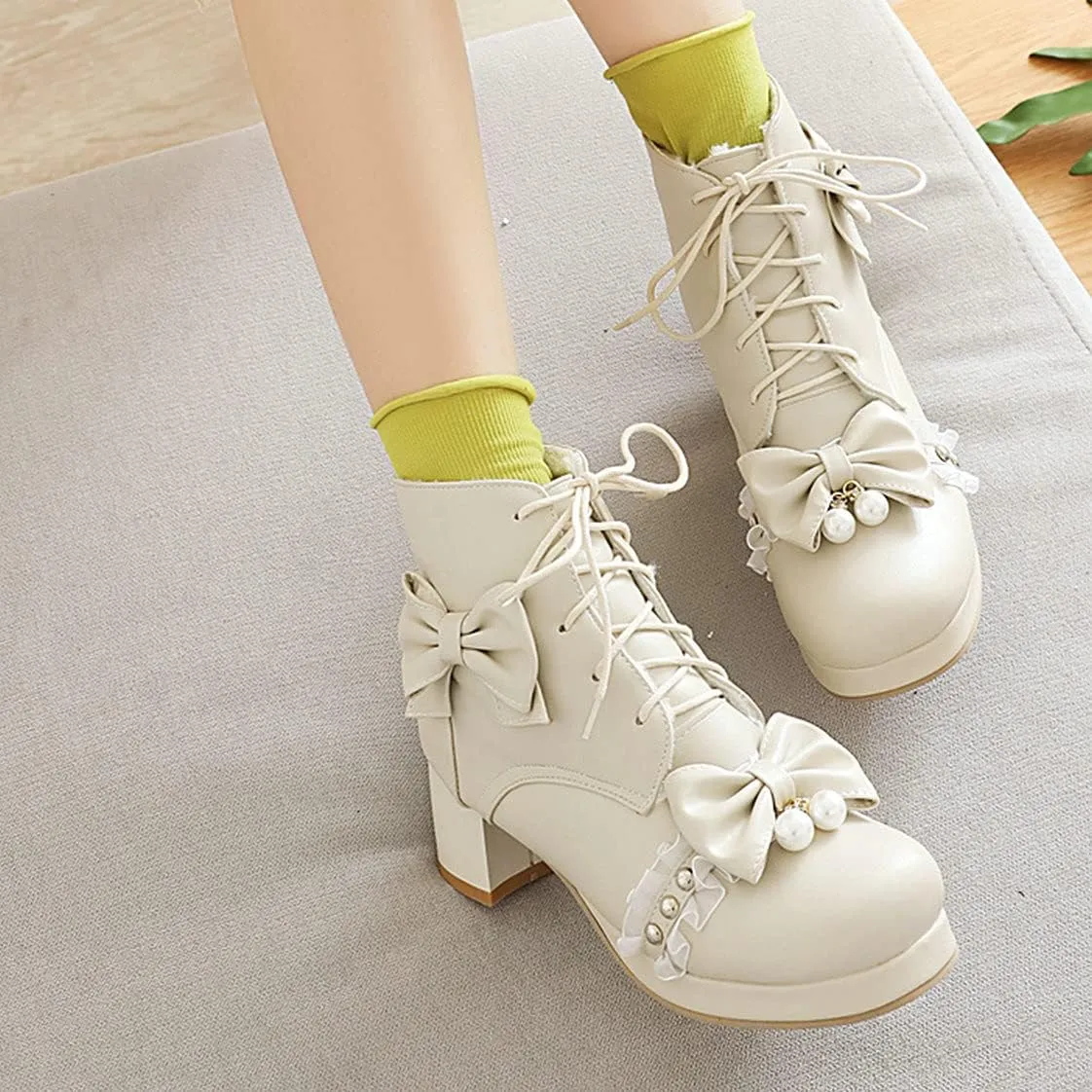 BEAUPAS Women's Bow Ankle Boots Lace Up Chunky Heel Platform Booties Cute Shoes
