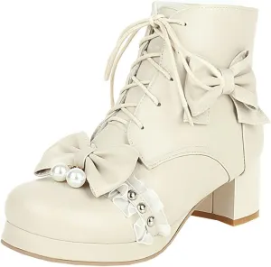 BEAUPAS Women's Bow Ankle Boots Lace Up Chunky Heel Platform Booties Cute Shoes