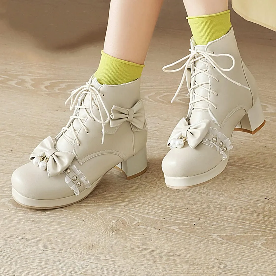 BEAUPAS Women's Bow Ankle Boots Lace Up Chunky Heel Platform Booties Cute Shoes