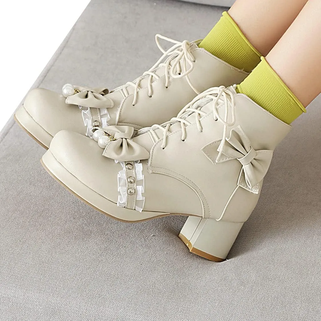 BEAUPAS Women's Bow Ankle Boots Lace Up Chunky Heel Platform Booties Cute Shoes