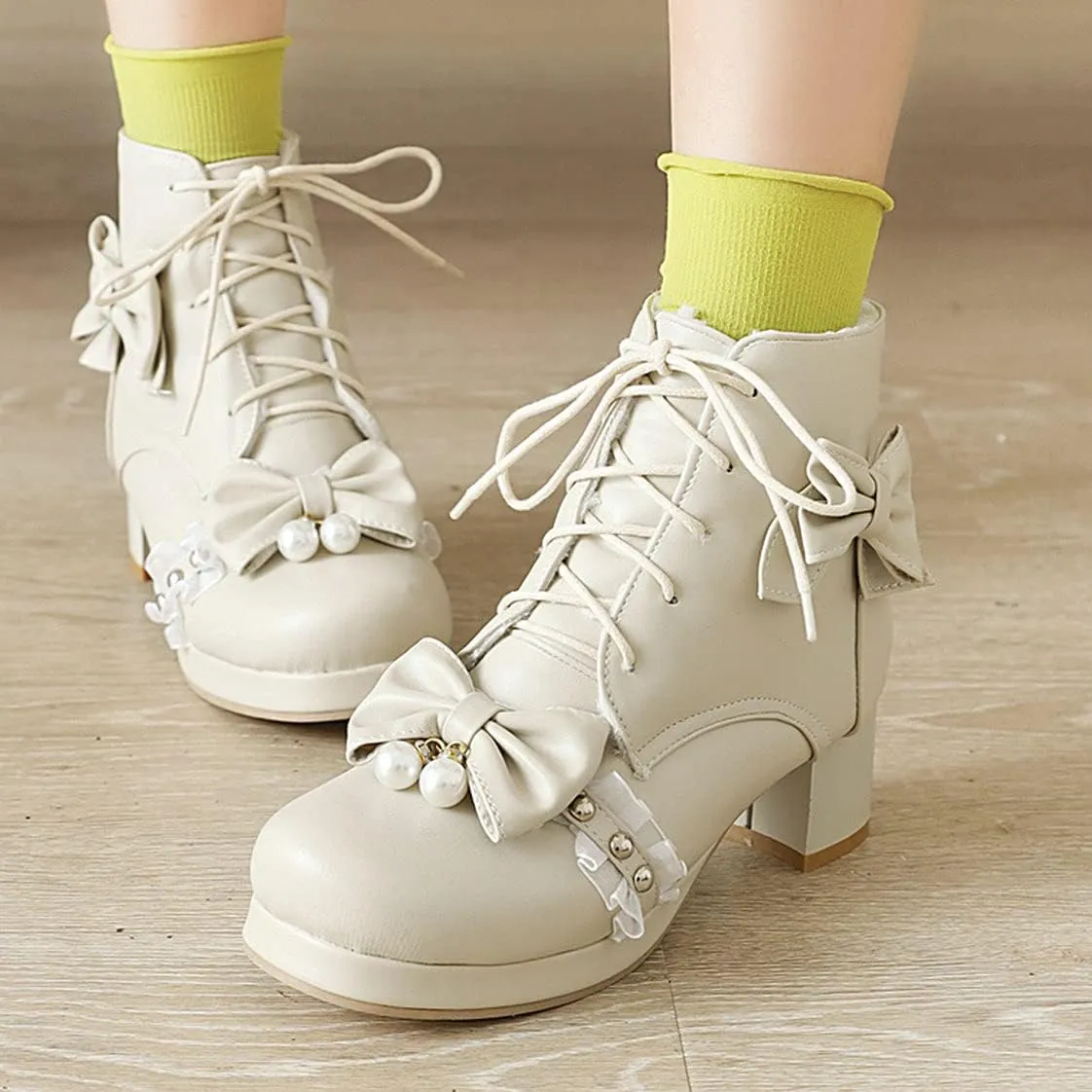 BEAUPAS Women's Bow Ankle Boots Lace Up Chunky Heel Platform Booties Cute Shoes