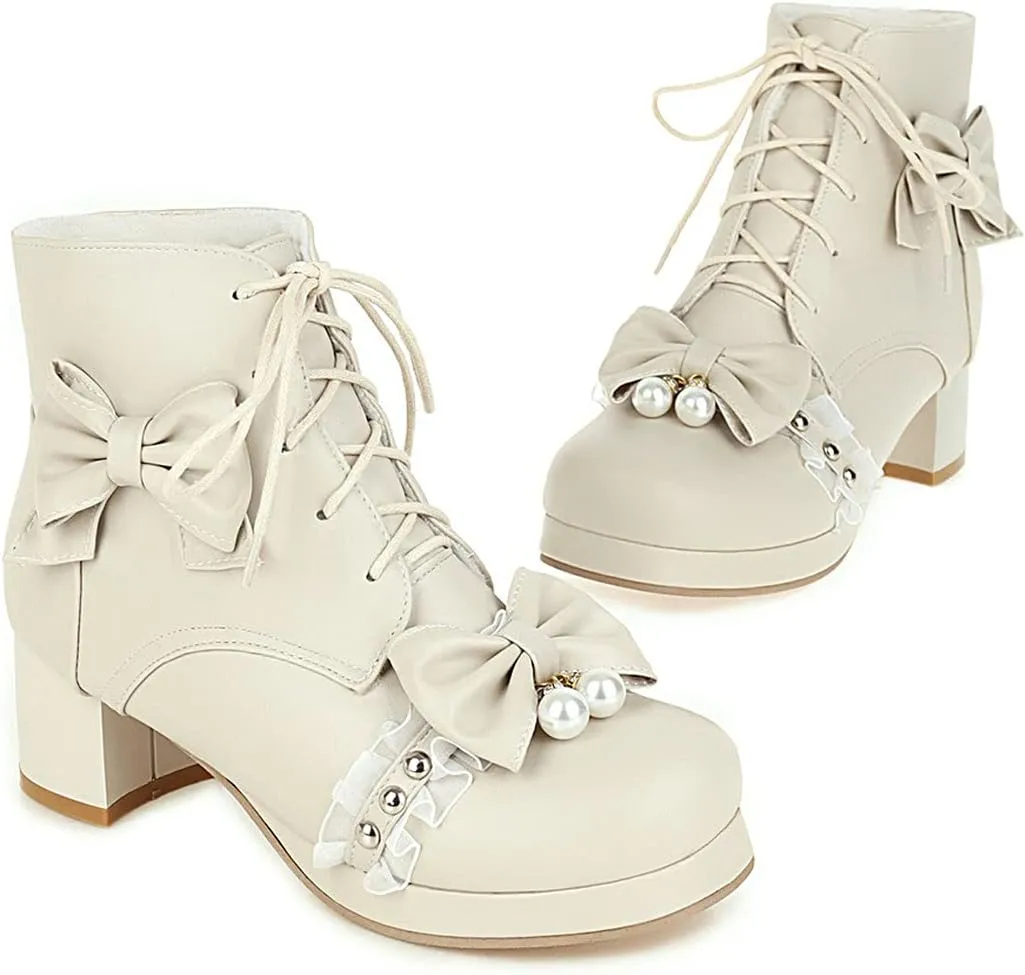 BEAUPAS Women's Bow Ankle Boots Lace Up Chunky Heel Platform Booties Cute Shoes