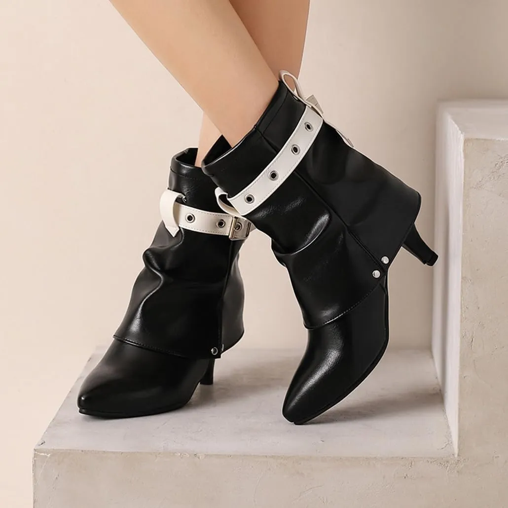 BEAUPAS Women's Buckle Ankle Boots Kitten Heels Pointed Toe Boots Fold Over Booties Low Heel Dress Shoes