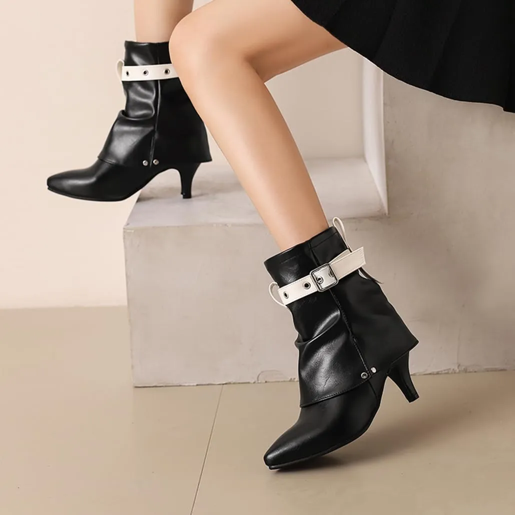 BEAUPAS Women's Buckle Ankle Boots Kitten Heels Pointed Toe Boots Fold Over Booties Low Heel Dress Shoes