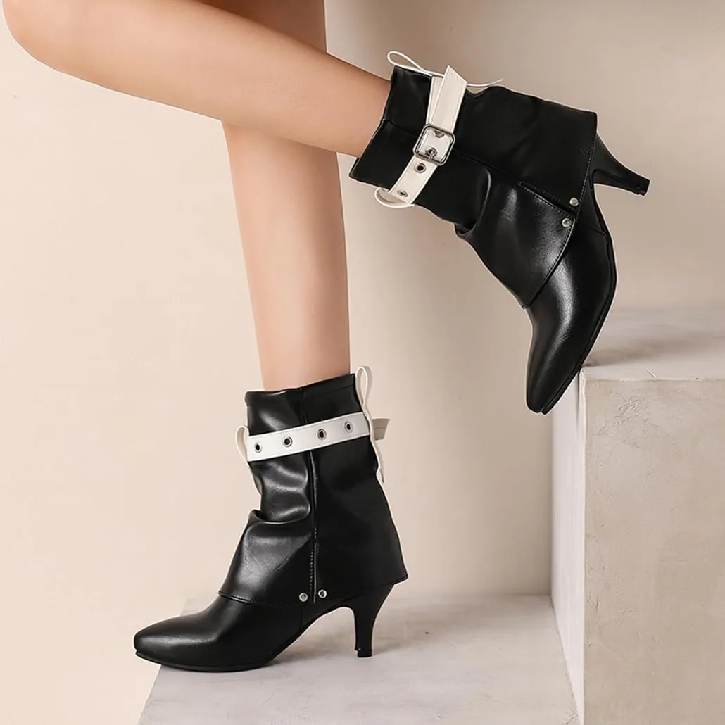 BEAUPAS Women's Buckle Ankle Boots Kitten Heels Pointed Toe Boots Fold Over Booties Low Heel Dress Shoes