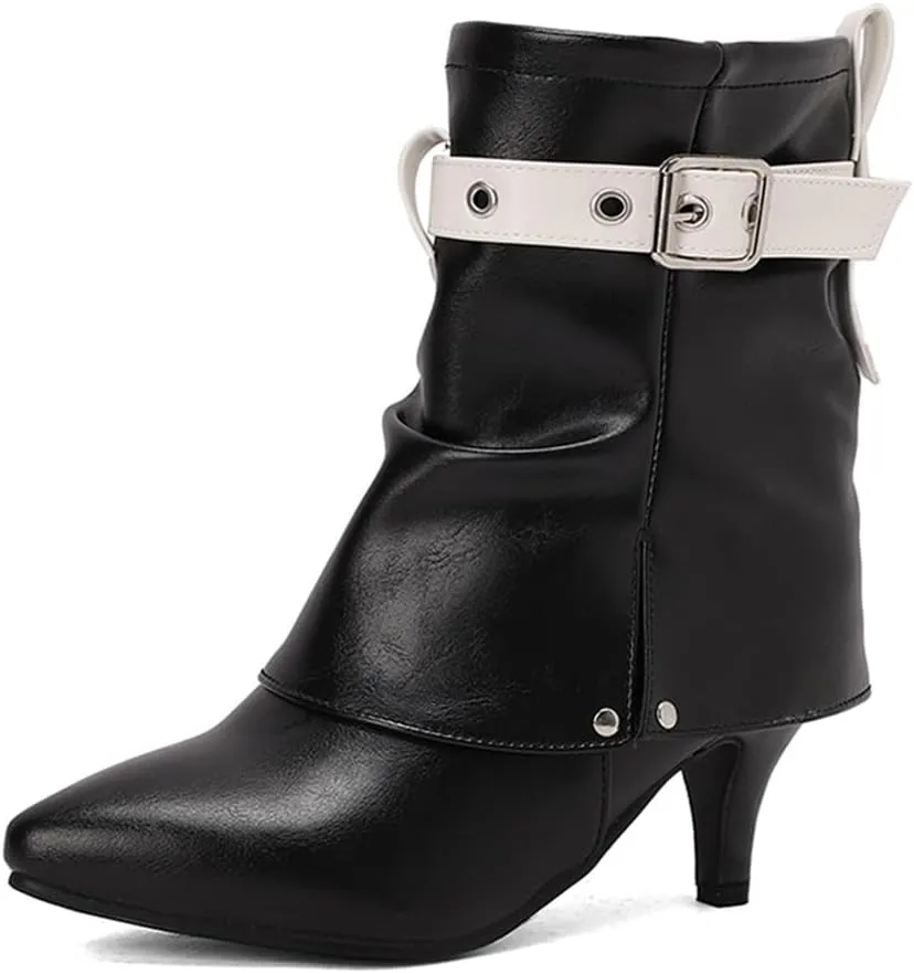 BEAUPAS Women's Buckle Ankle Boots Kitten Heels Pointed Toe Boots Fold Over Booties Low Heel Dress Shoes