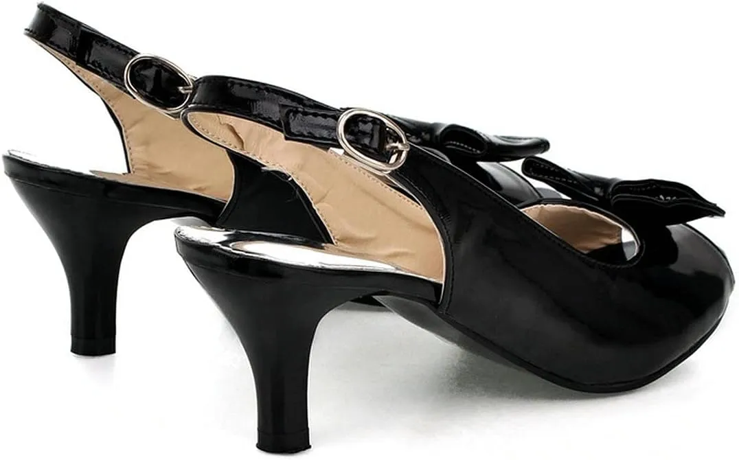 BEAUPAS Women's Peep Toe Slingback Kitten Heel Patent Pumps with Bow Buckle Cute Shoes