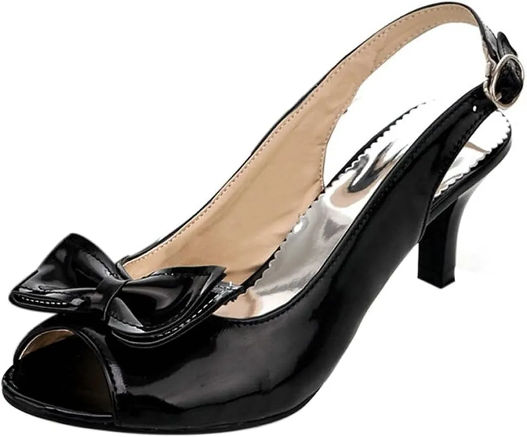 BEAUPAS Women's Peep Toe Slingback Kitten Heel Patent Pumps with Bow Buckle Cute Shoes