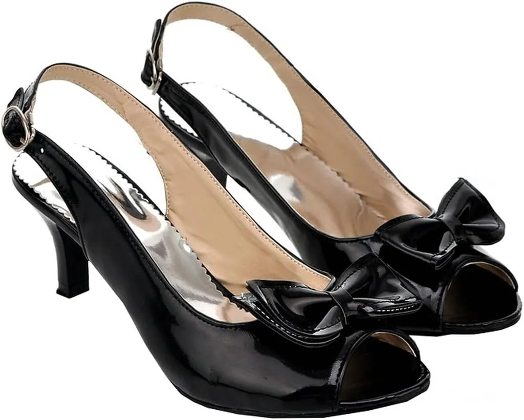 BEAUPAS Women's Peep Toe Slingback Kitten Heel Patent Pumps with Bow Buckle Cute Shoes