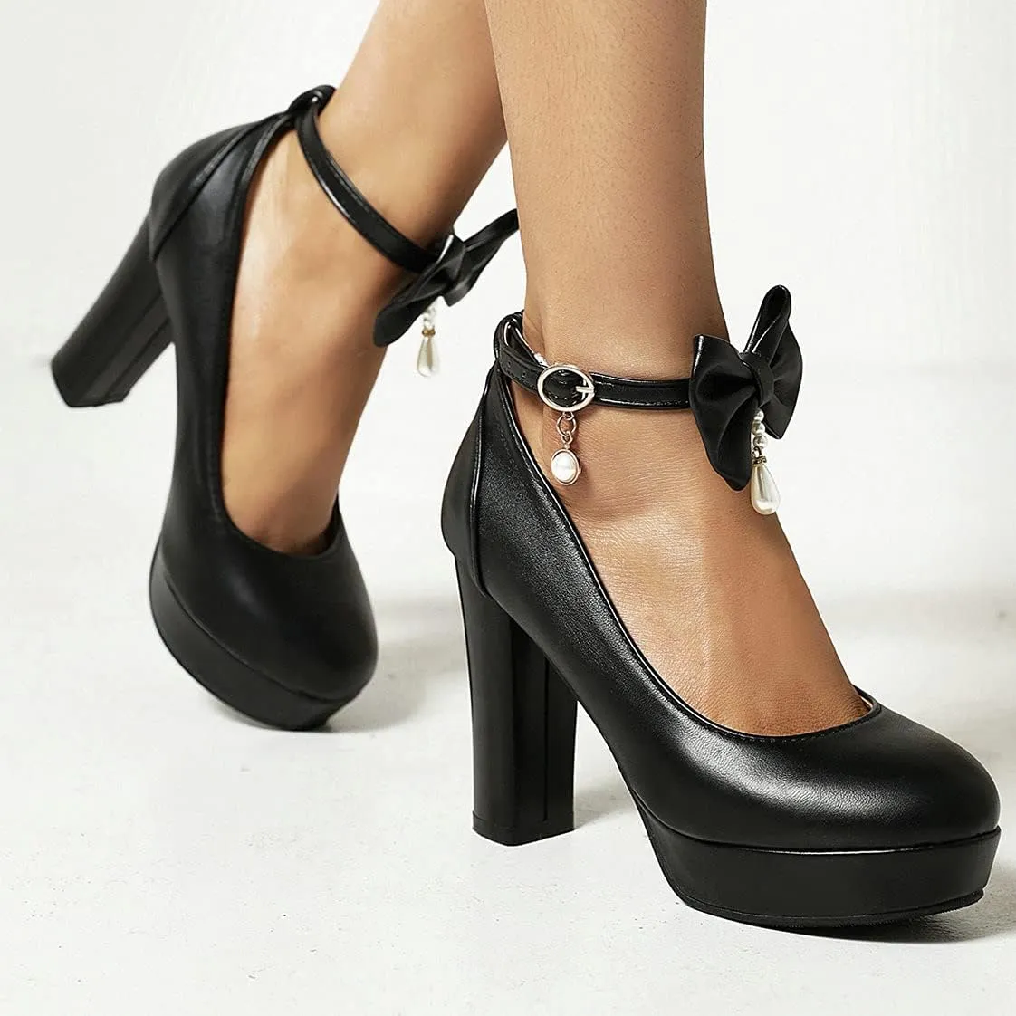 BEAUPAS Women's Platform High Heels Ankle Strap Chunky Heel Pumps Bows Buckle Cute Shoes