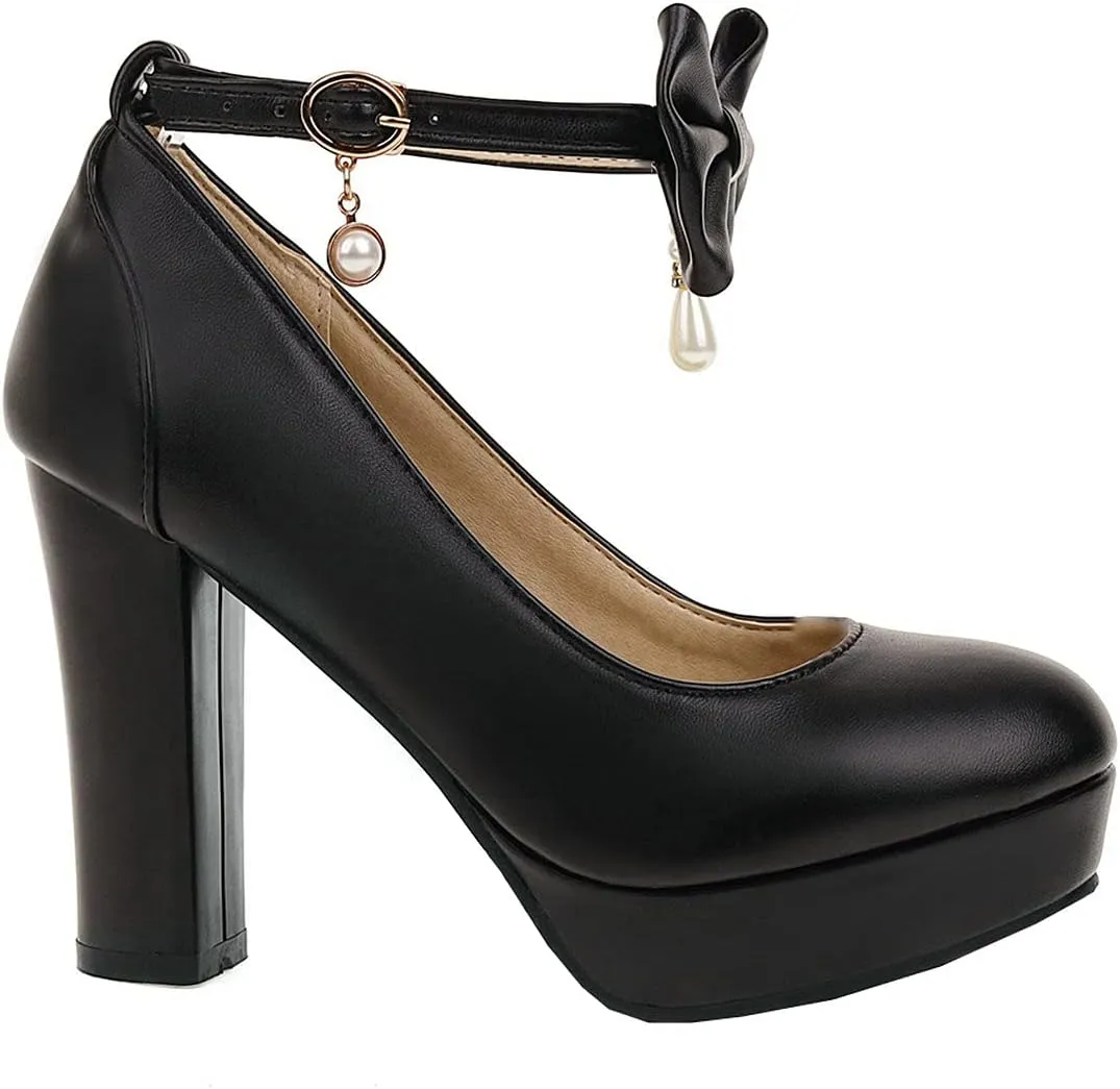 BEAUPAS Women's Platform High Heels Ankle Strap Chunky Heel Pumps Bows Buckle Cute Shoes