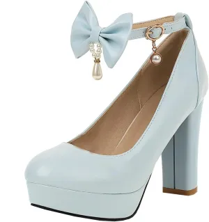 BEAUPAS Women's Platform High Heels Ankle Strap Chunky Heel Pumps Bows Buckle Cute Shoes