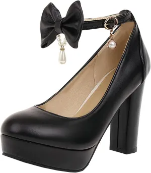 BEAUPAS Women's Platform High Heels Ankle Strap Chunky Heel Pumps Bows Buckle Cute Shoes